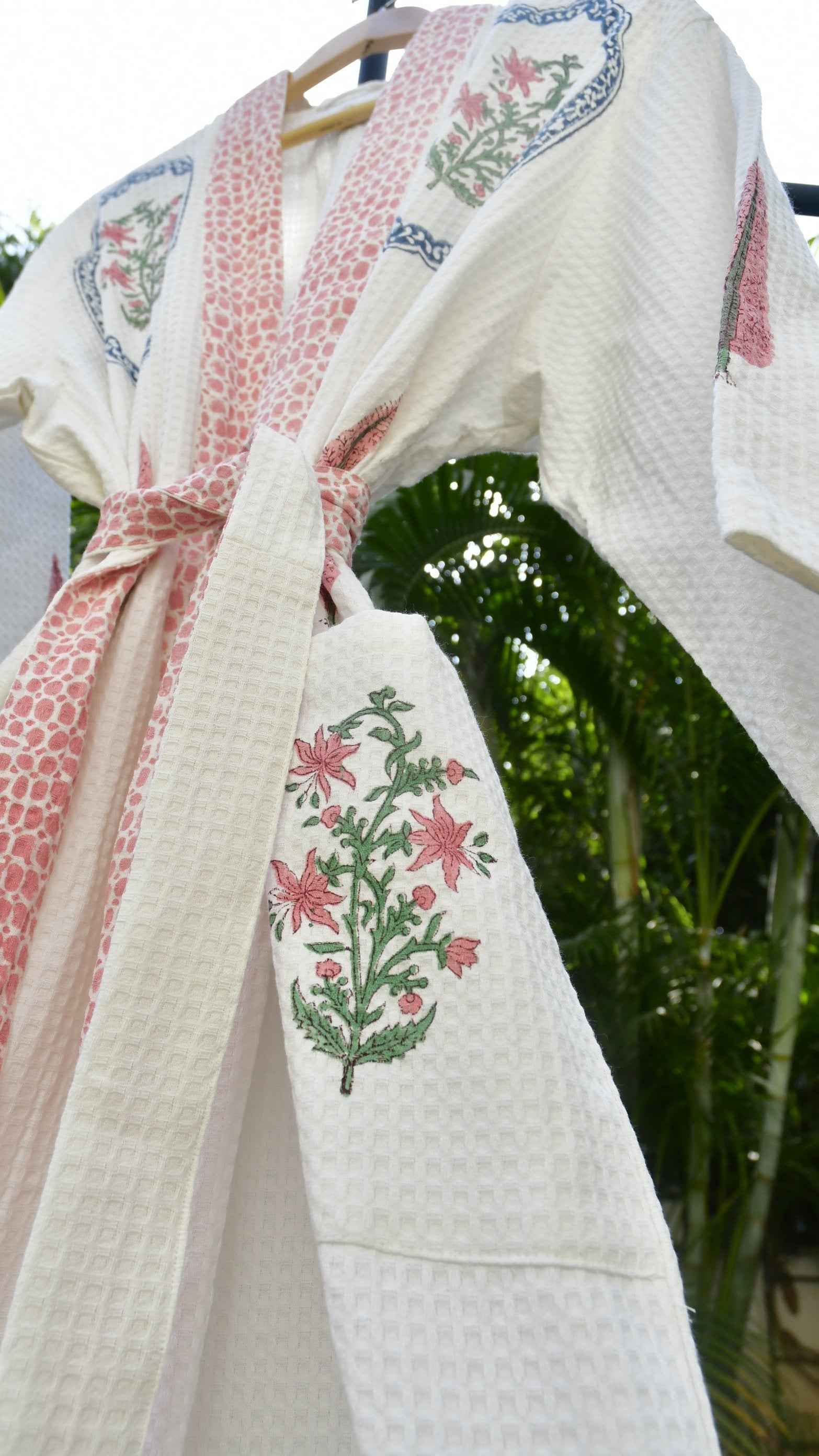 Pink love in Hexagon Waffle cotton Bathrobe