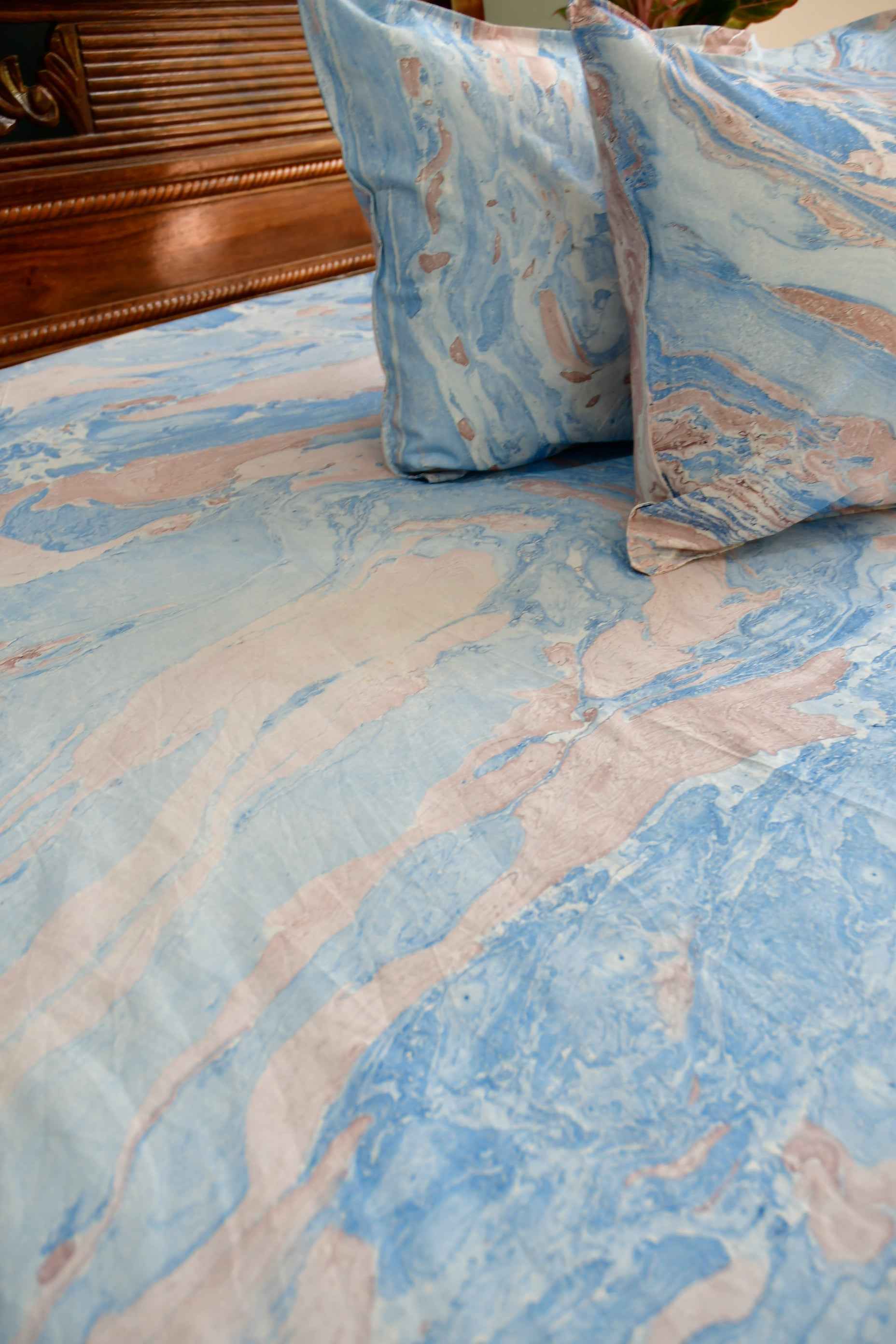 Pink Blue Marble Bedsheet:  Hand Block Print