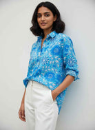 Long Sleeve Handblock Casual Shirt - Blue and White Floral Modal Cotton Printed Women’s Shirt