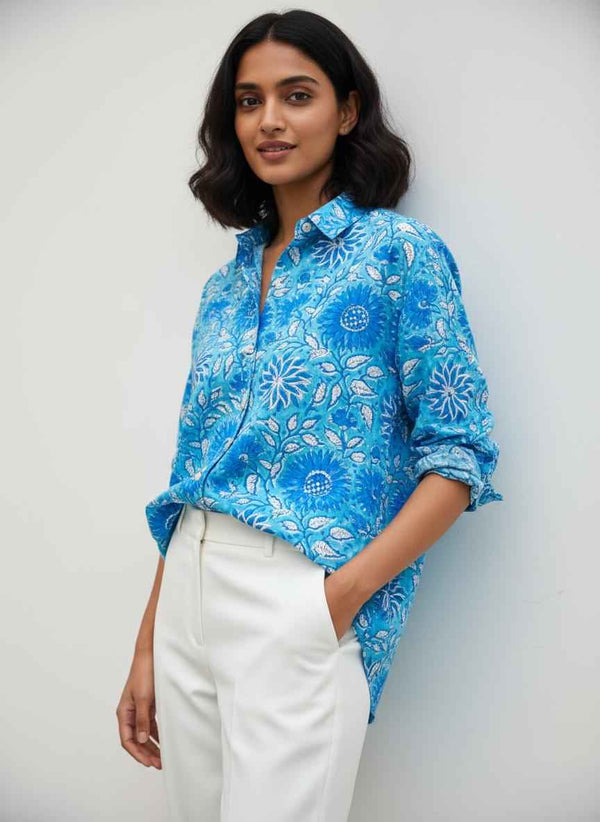 Long Sleeve Handblock Casual Shirt - Blue and White Floral Modal Cotton Printed Women’s Shirt