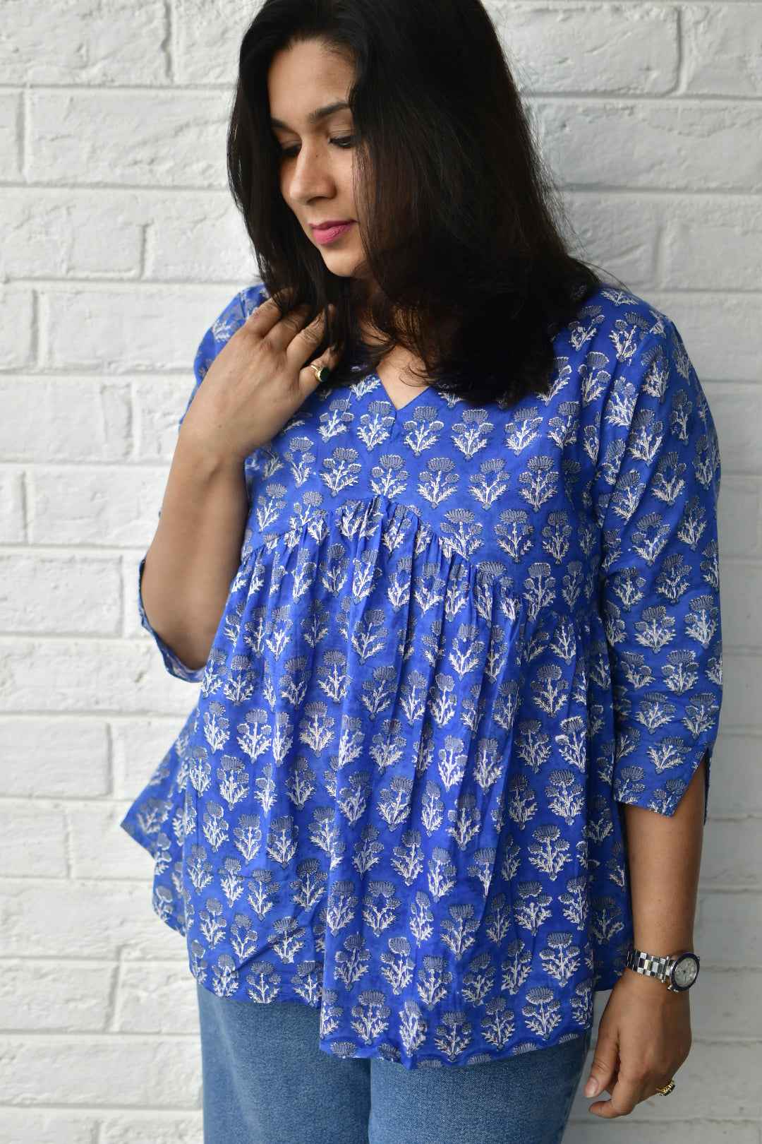 Royal Blue Short Top Handblock : Daily Wear