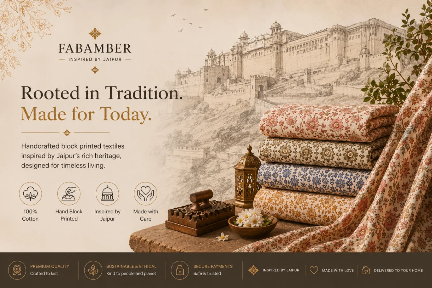Fabamber advertisement with stacked fabrics and traditional elements, featuring their brand and values.