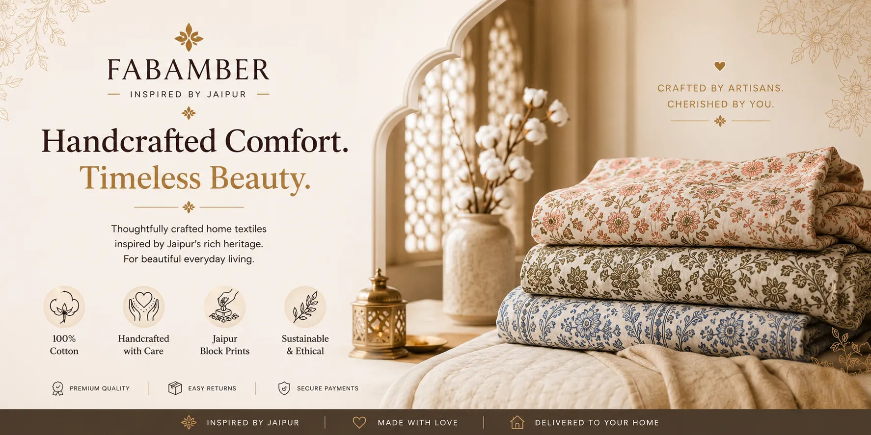 Fabamber home textiles with text about handcrafted comfort and timeless beauty.