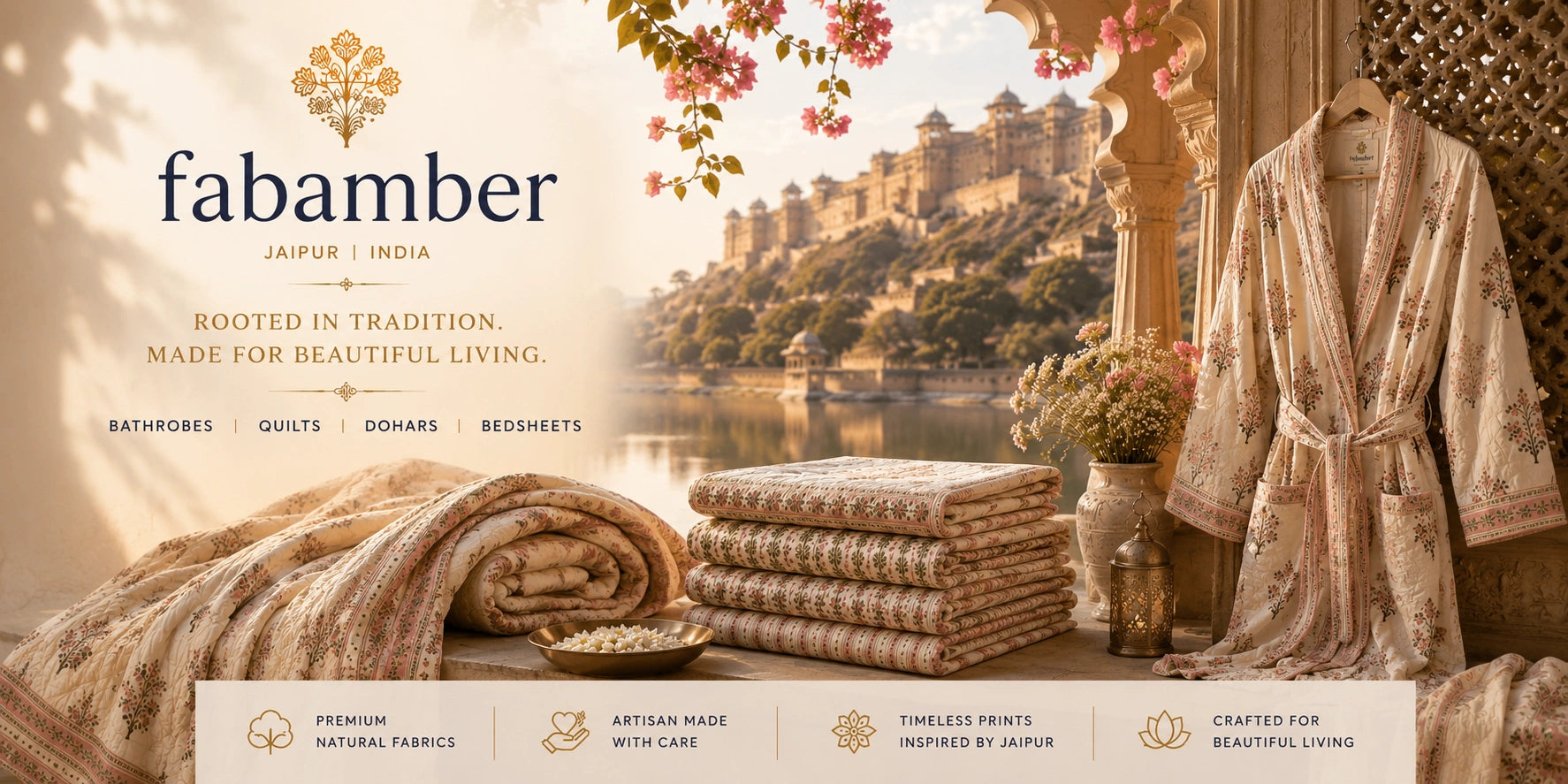 Fabamber bathrobes and bedding displayed in a warm, luxurious setting with a traditional Indian palace and lake in the background. The image shows a cream and gold patterned robe hanging on a hanger, folded patterned quilts stacked on a table, and a matching throw blanket draped in the foreground.