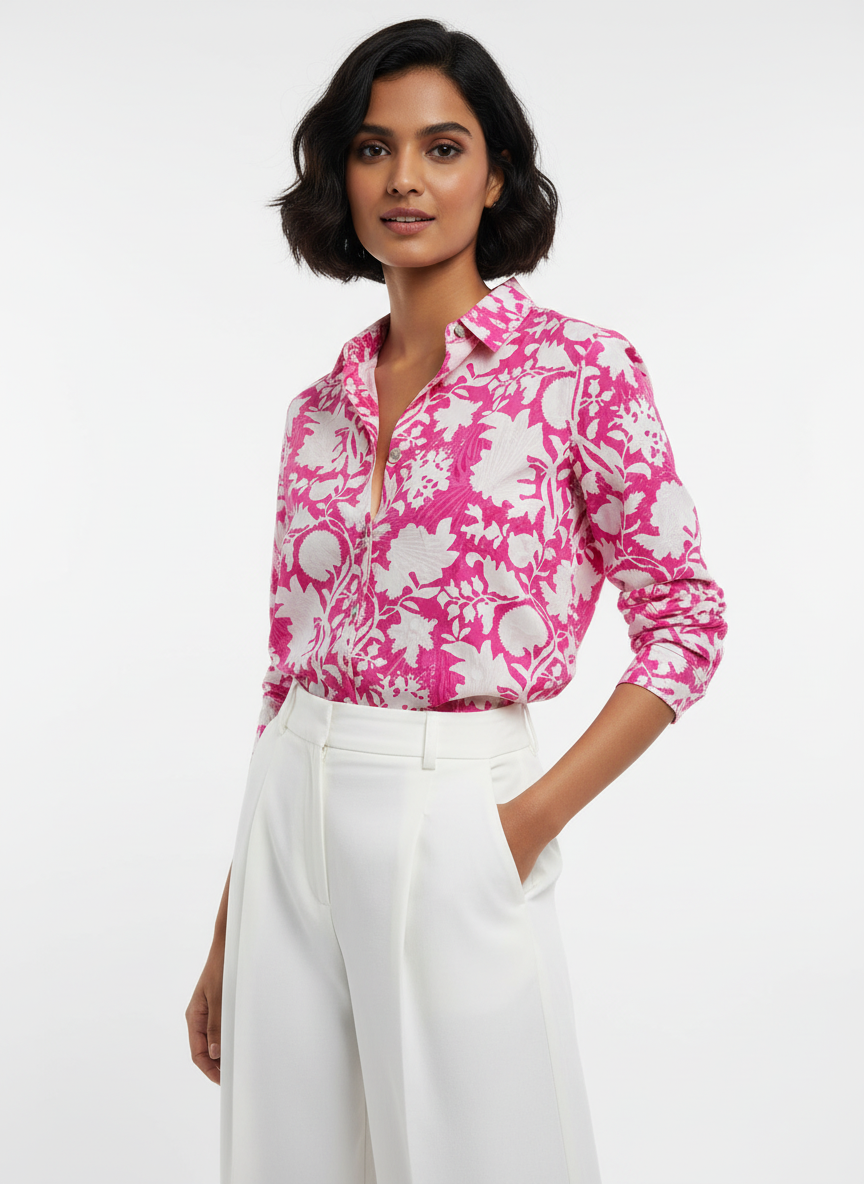 Long Sleeve Handblock Casual Shirt - Hot Pink White Floral Modal Cotton Printed Women’s Shirt