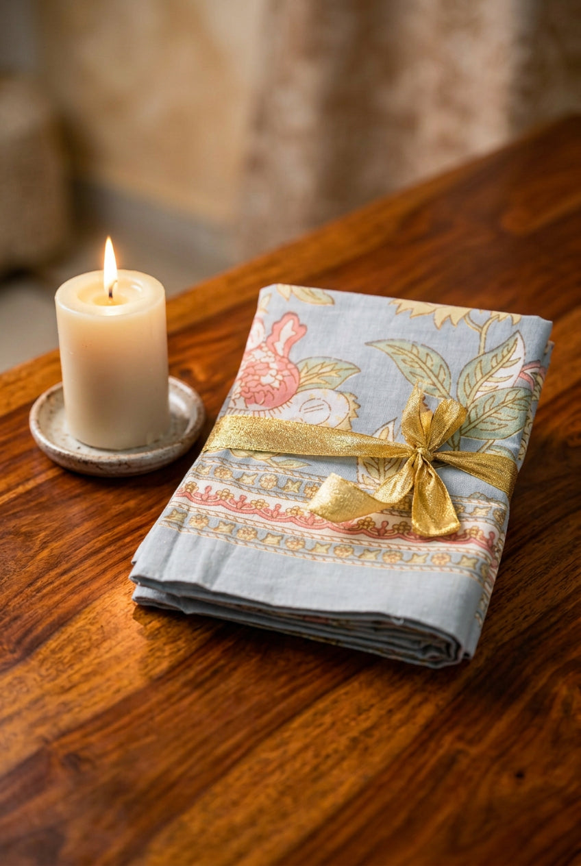 A folded stack of patterned fabric napkins tied with a shiny gold ribbon, placed on a dark wooden table.