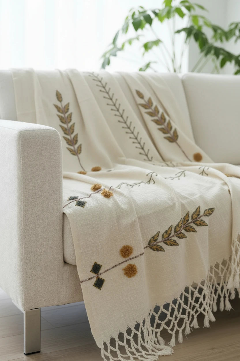 A cream-colored throw blanket with embroidered botanical leaf patterns and tasseled fringe, draped over a white sofa in a bright, modern living room.