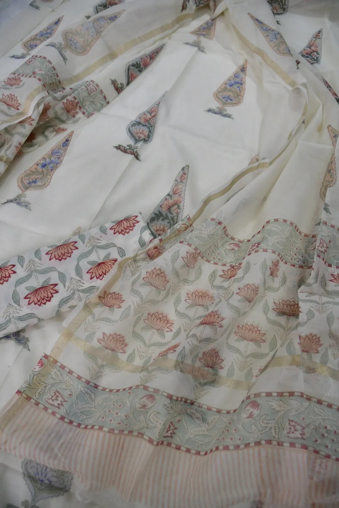 Close-up of a patterned chanderi suit with floral and geometric designs.