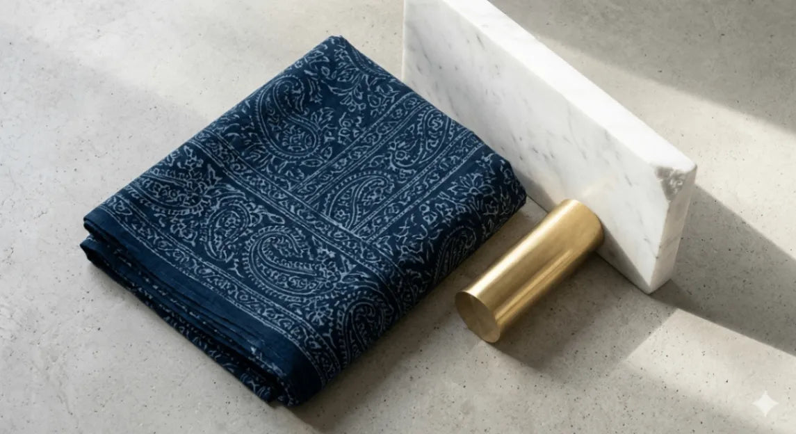 Blue patterned towel on a concrete surface with a gold cylindrical object and white rectangular block.
