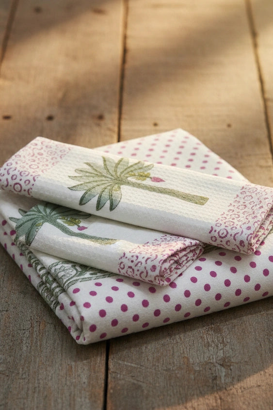 A stack of folded white cotton kitchen towels with pink polka dots and green palm tree prints, displayed on a rustic wooden surface.