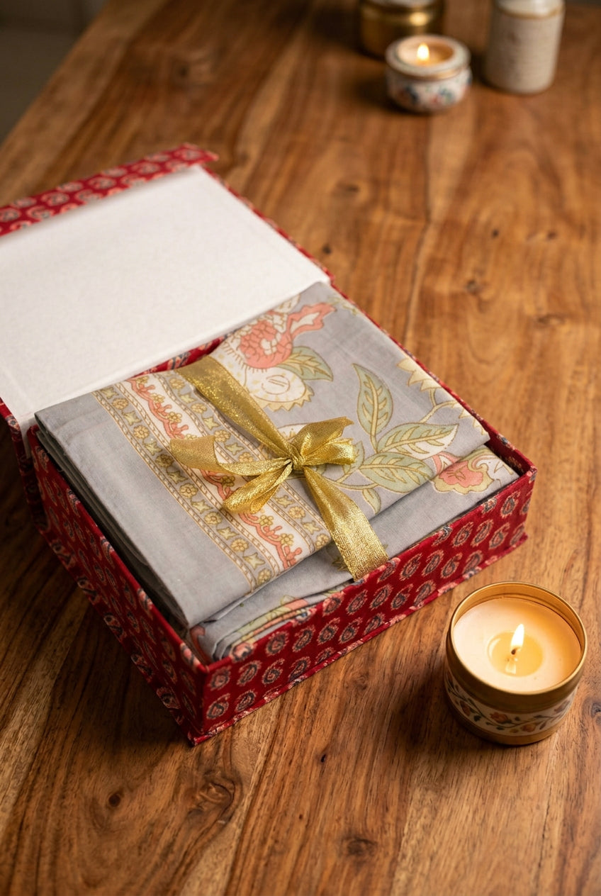 A folded gray bedsheet with a floral print and a gold ribbon bow, presented inside an open red patterned gift box on a dark surface.