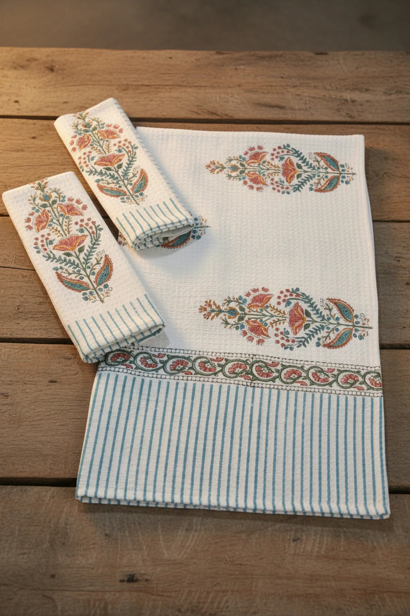 A set of white cotton kitchen towels with blue stripes and orange floral block prints, arranged on a rustic wooden table.