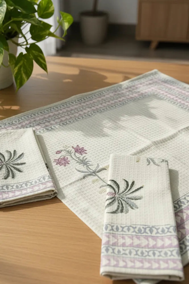 Decorative hand towel with embroidered patterns on a wooden surface.