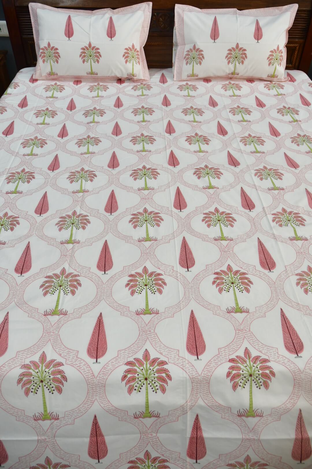Pink Palm Jaal hand block printed cotton bedsheet with matching pillow covers