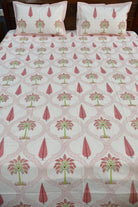 Pink Palm Jaal hand block printed cotton bedsheet with matching pillow covers