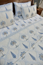 Blue Palm Jaal Buta hand block printed cotton bedding set with quilted bedcover and matching bedsheet