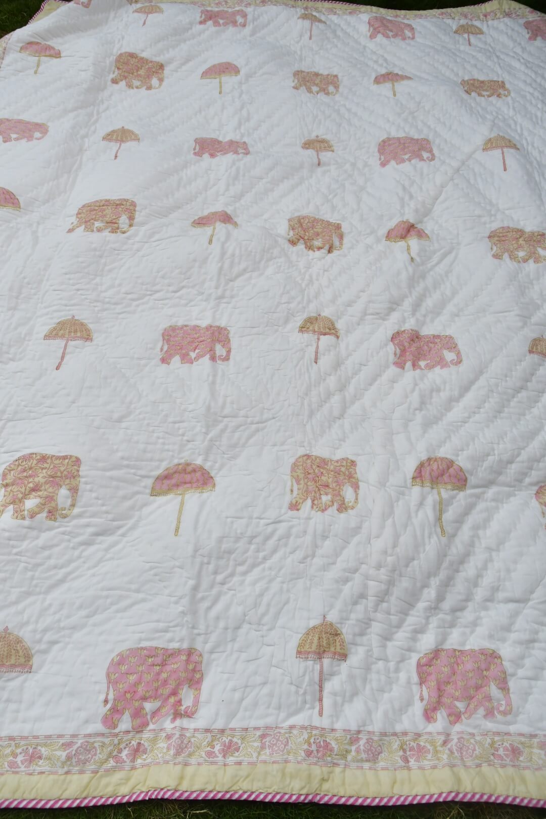 Pink Elephant hand block printed reversible mulmul cotton Jaipuri quilt 90 × 108 inches