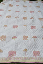 Pink Elephant hand block printed reversible mulmul cotton Jaipuri quilt 90 × 108 inches