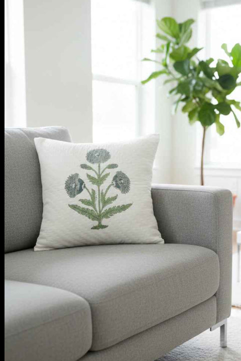 Blue Grey Poppy Cotton Cushion Cover – Hand Quilted, Designer Floral