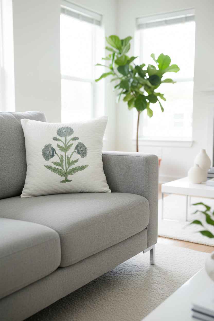 Blue Grey Poppy Cotton Cushion Cover – Hand Quilted, Designer Floral