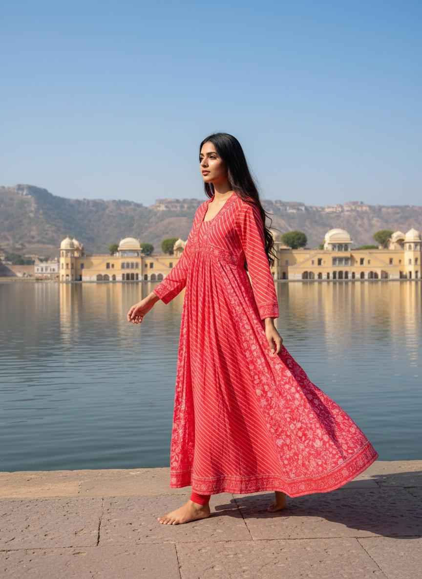 Pinkish Peach Floral Lehariya Handblock Anarkali Dress – Cotton Ethnic Wear for Women