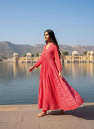 Pinkish Peach Floral Lehariya Handblock Anarkali Dress – Cotton Ethnic Wear for Women