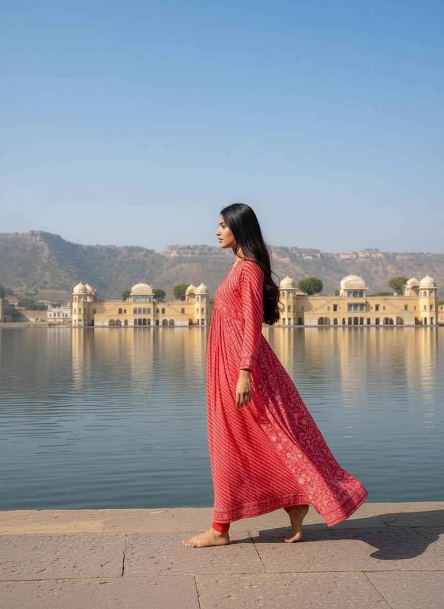 Pinkish Peach Floral Lehariya Handblock Anarkali Dress – Cotton Ethnic Wear for Women