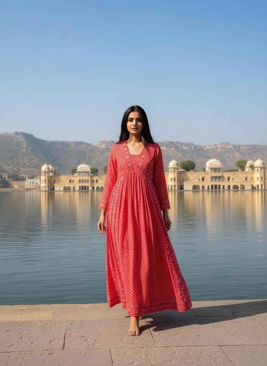 Pinkish Peach Floral Lehariya Handblock Anarkali Dress – Cotton Ethnic Wear for Women