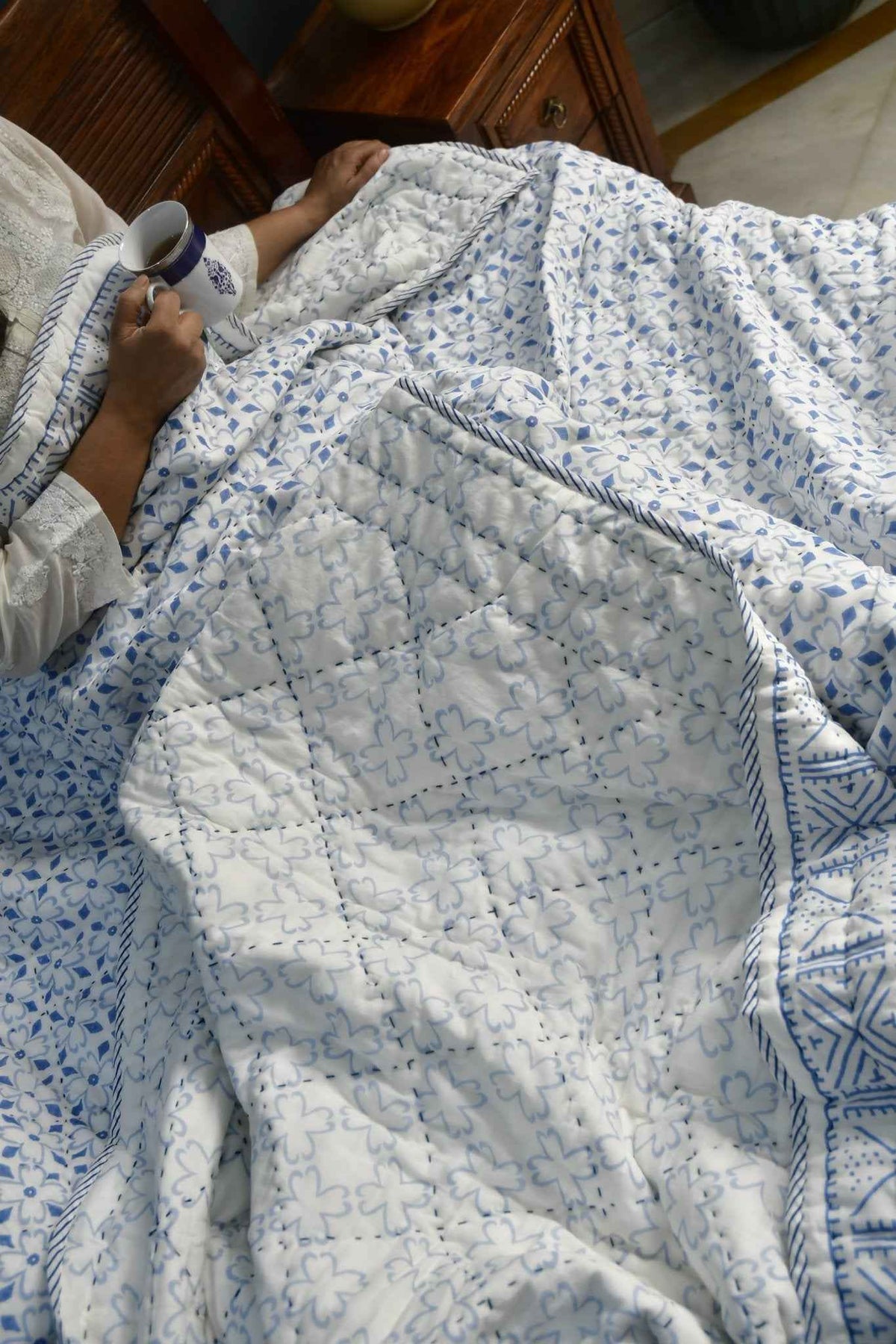 Blue Geometrical Floral Quilt