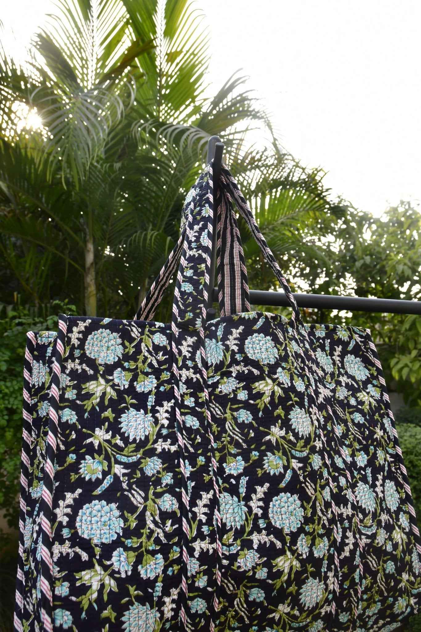 Black Floral Handblock Tote Bag : Multiple pockets