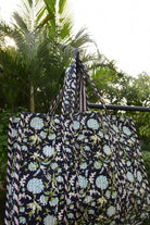 Black Floral Handblock Tote Bag : Multiple pockets