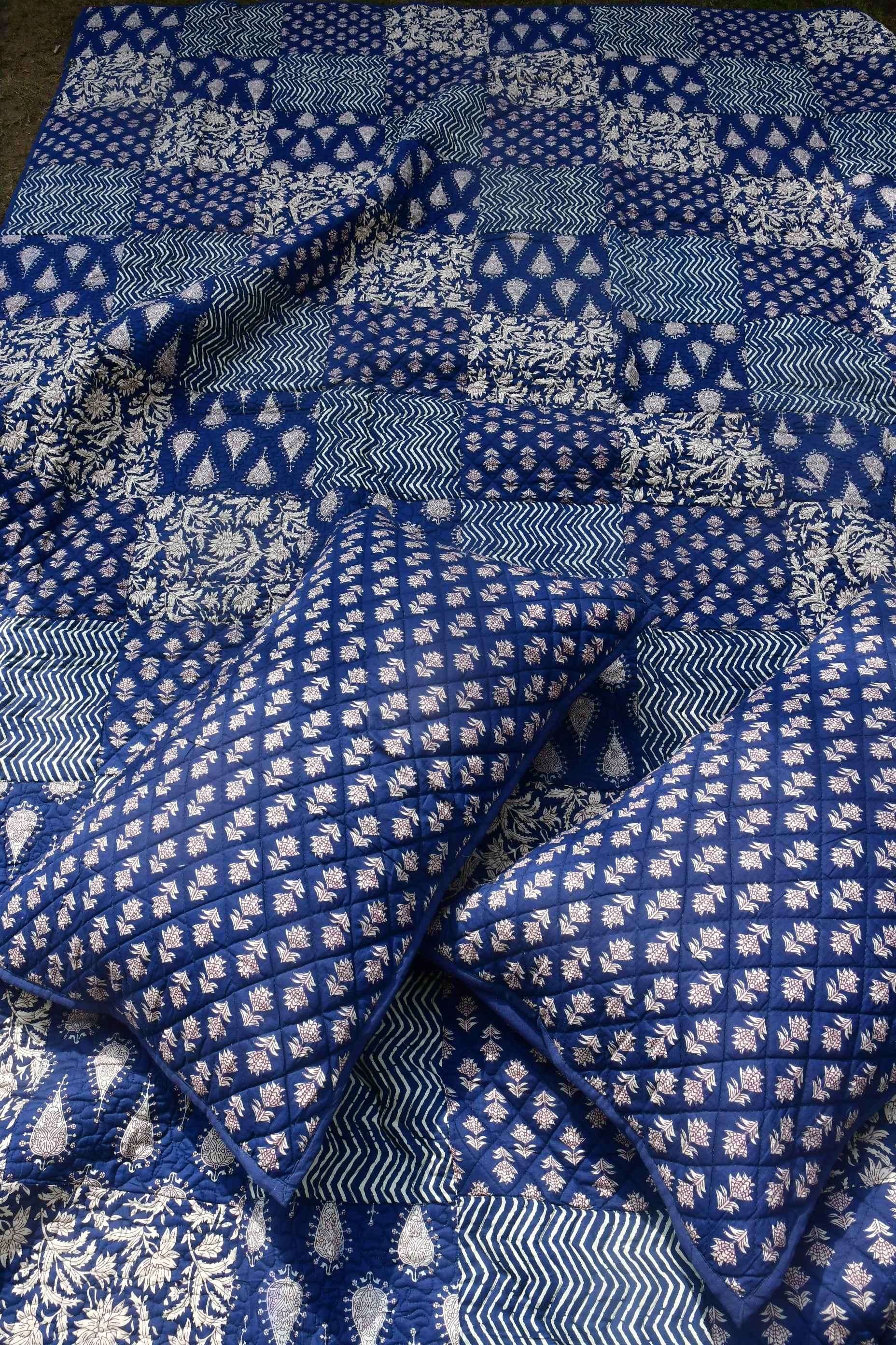 Indigo Dabu Print Quilted Bedcover : Effortlessly Classy