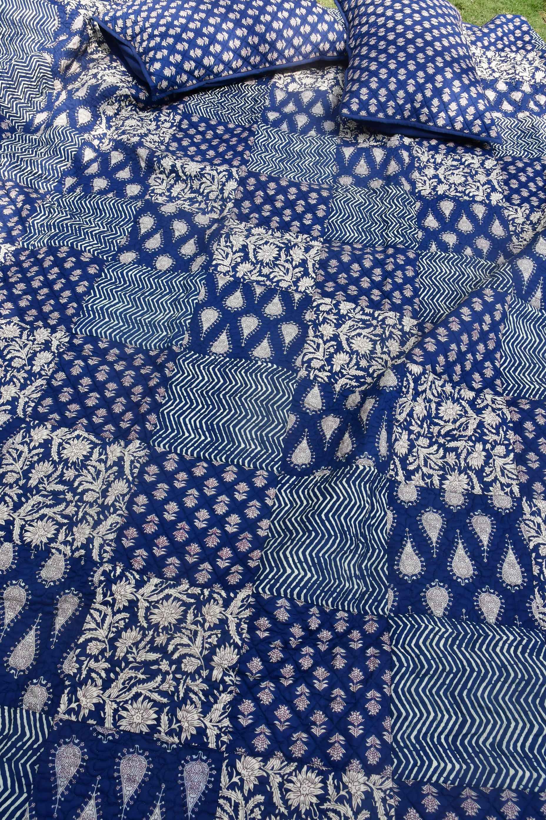 Indigo Dabu Print Quilted Bedcover : Effortlessly Classy