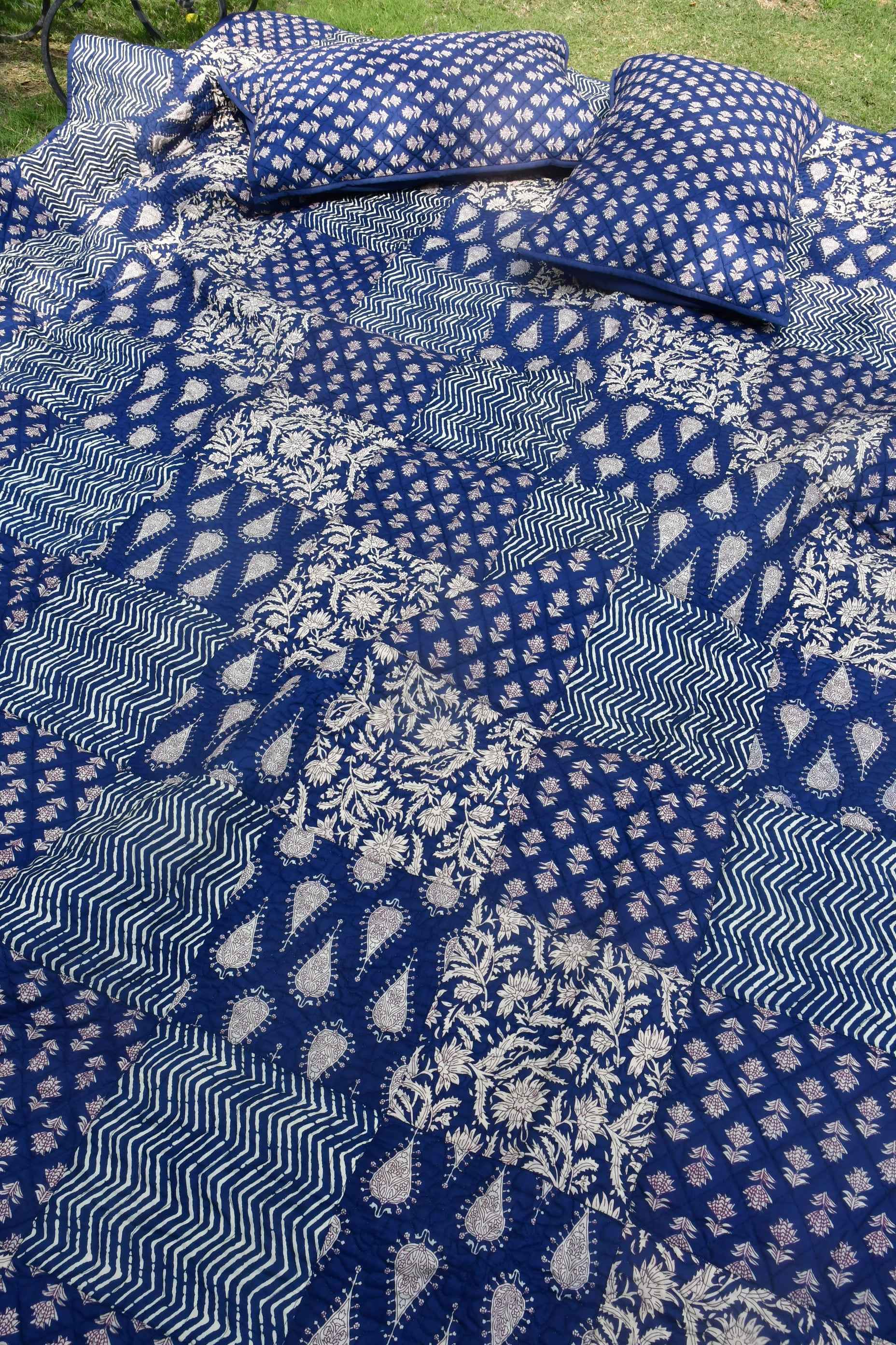 Indigo Dabu Print Quilted Bedcover : Effortlessly Classy