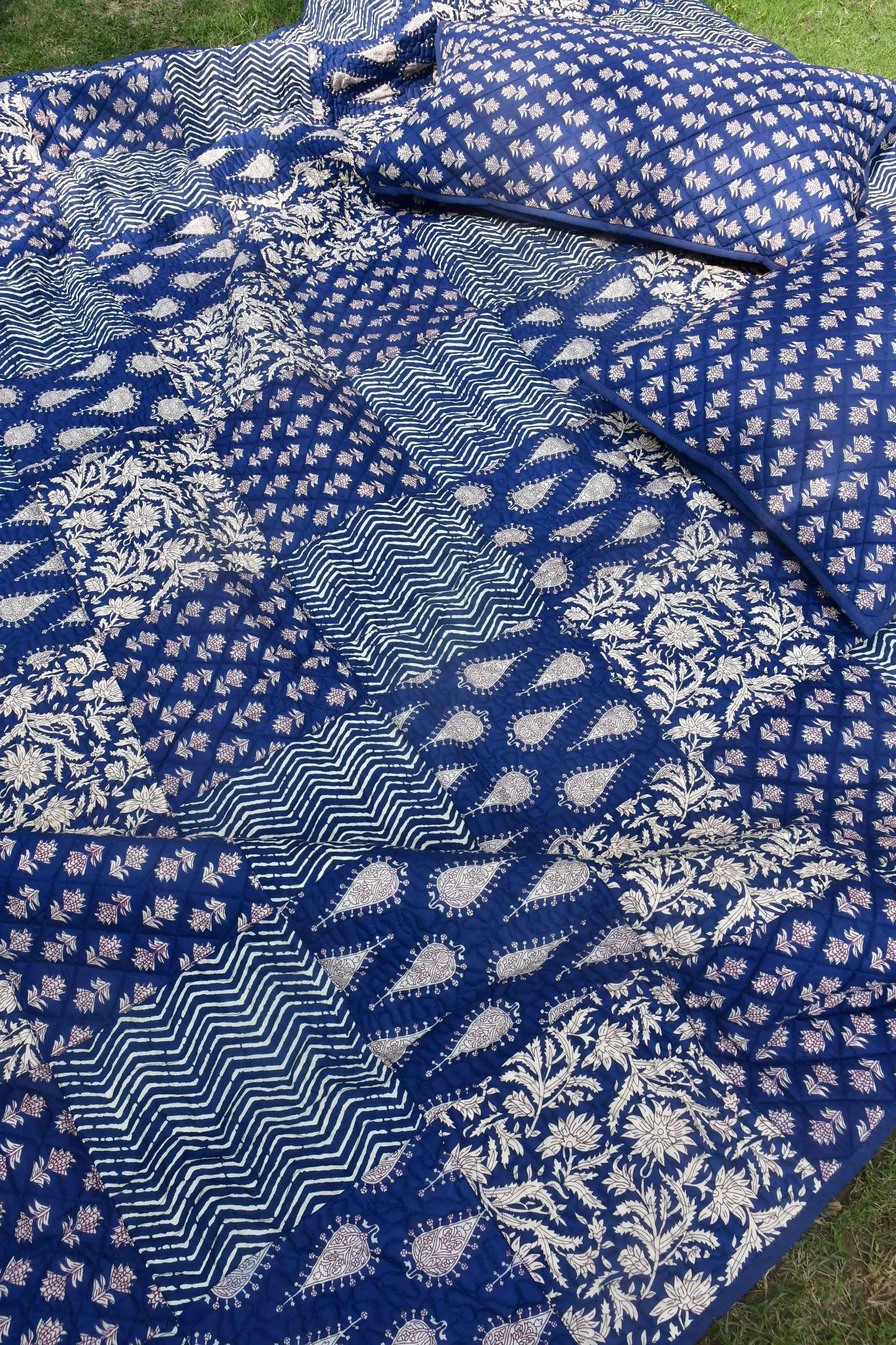 Indigo Dabu Print Quilted Bedcover : Effortlessly Classy