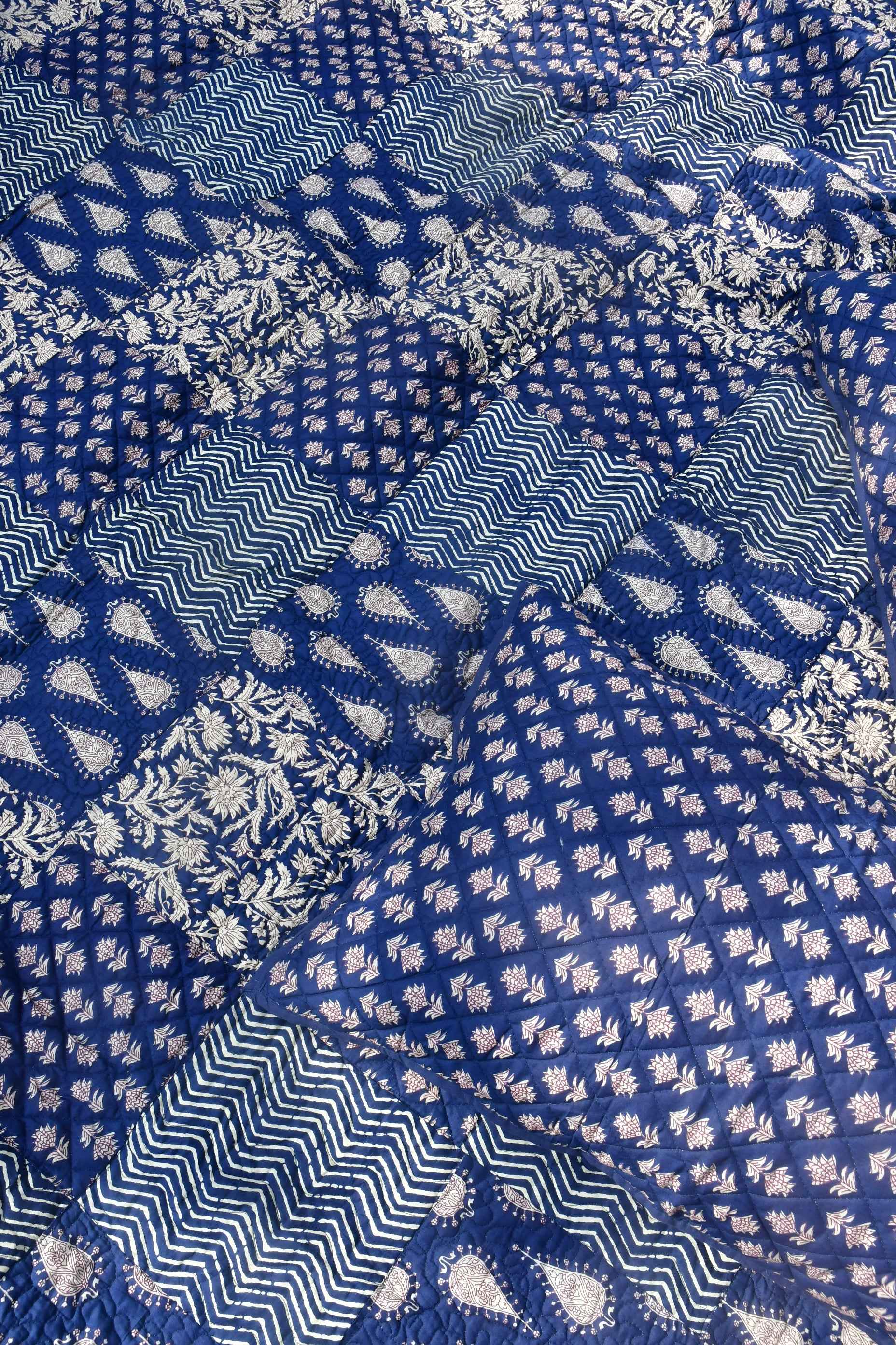 Indigo Dabu Print Quilted Bedcover : Effortlessly Classy
