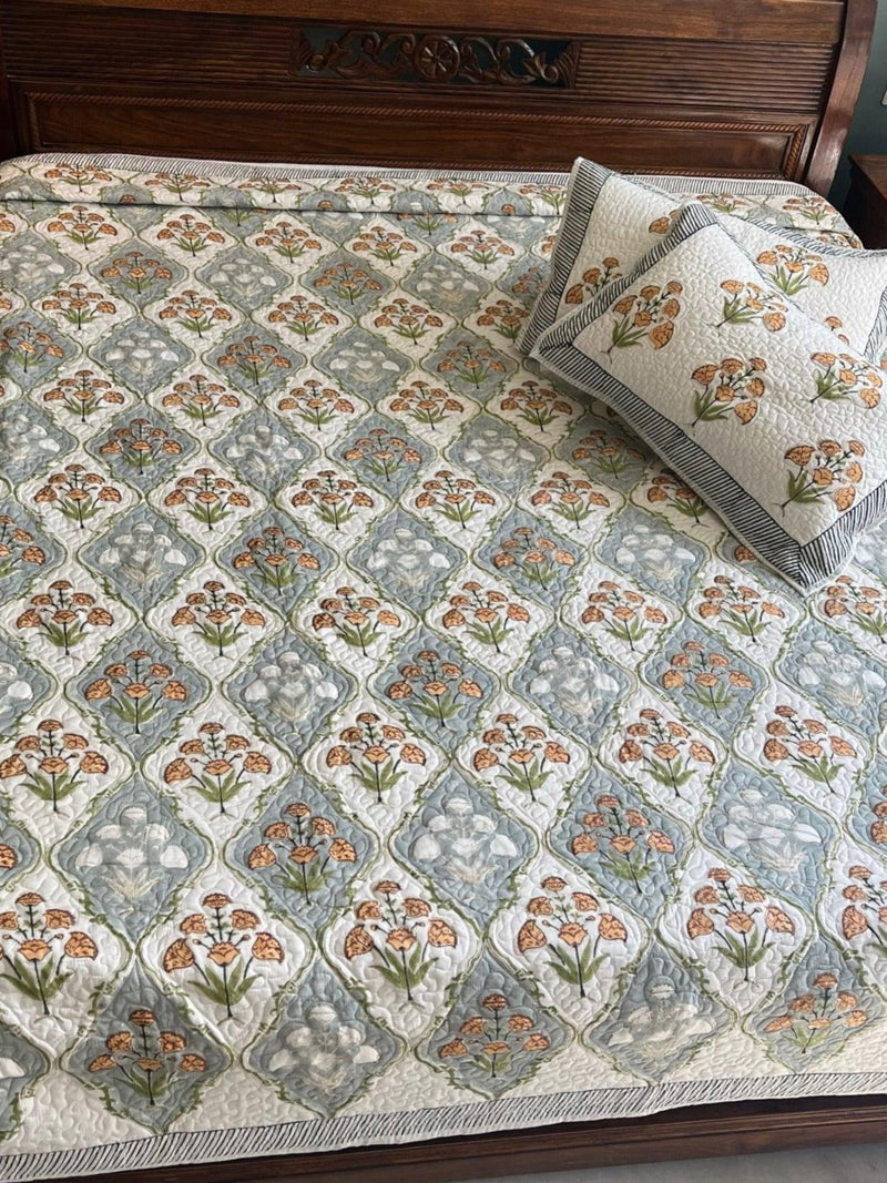 Saffron Blooms Quilted Bedcover
