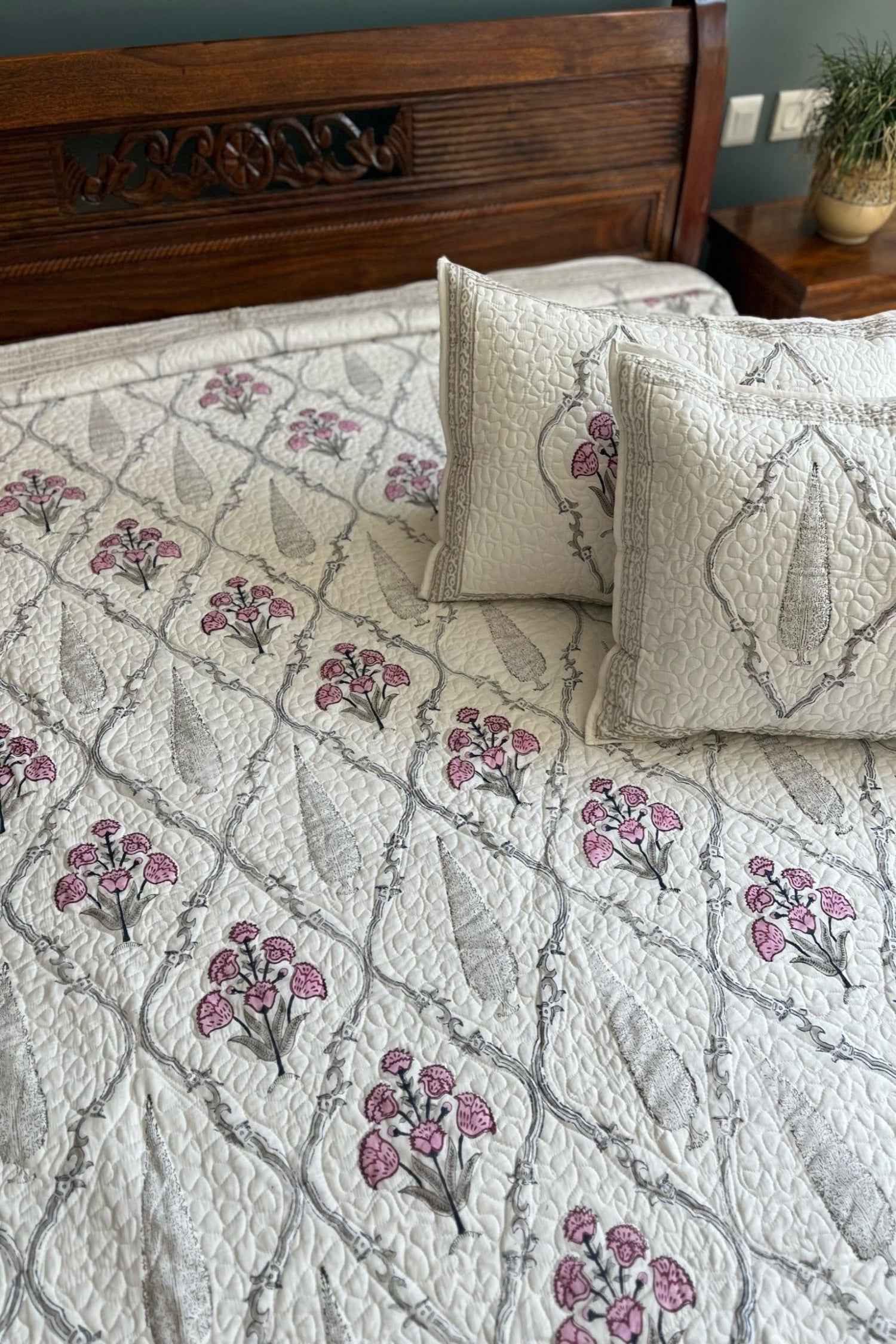 Pink And Ivory Quilted Handblock Bedcover
