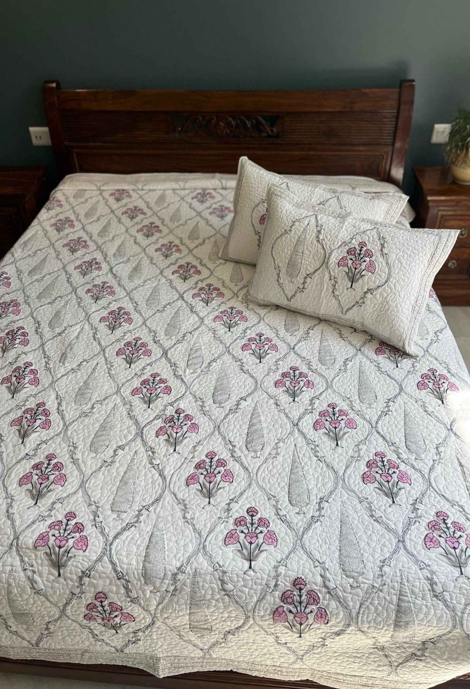 Pink And Ivory Quilted Handblock Bedcover