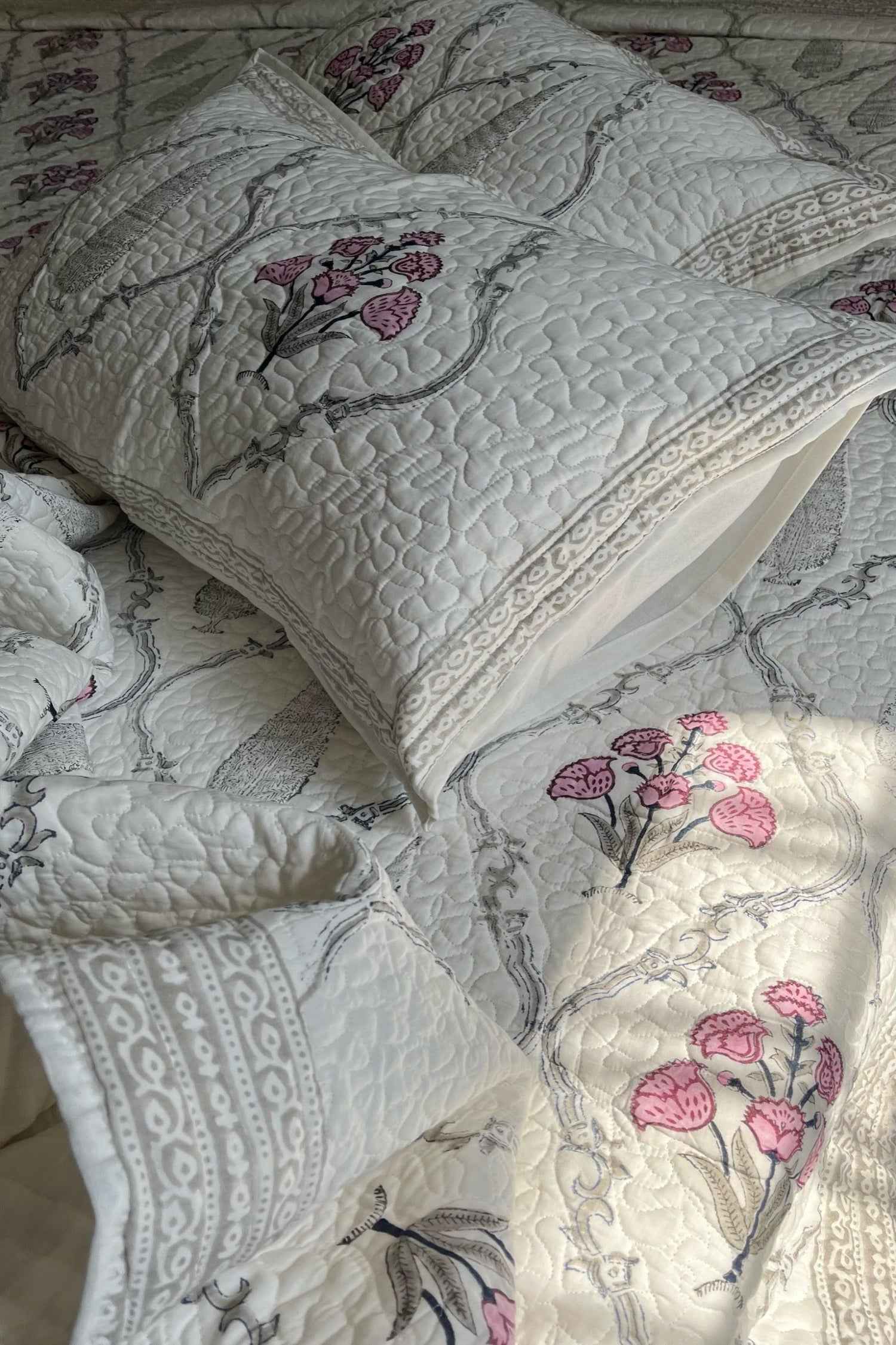 Pink And Ivory Quilted Handblock Bedcover