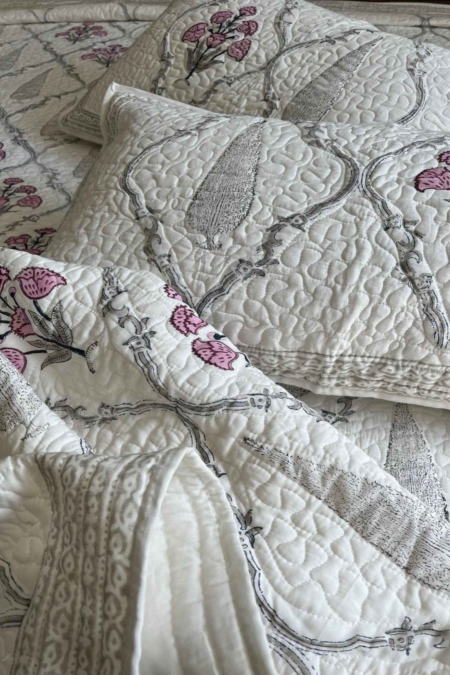 Pink And Ivory Quilted Handblock Bedcover