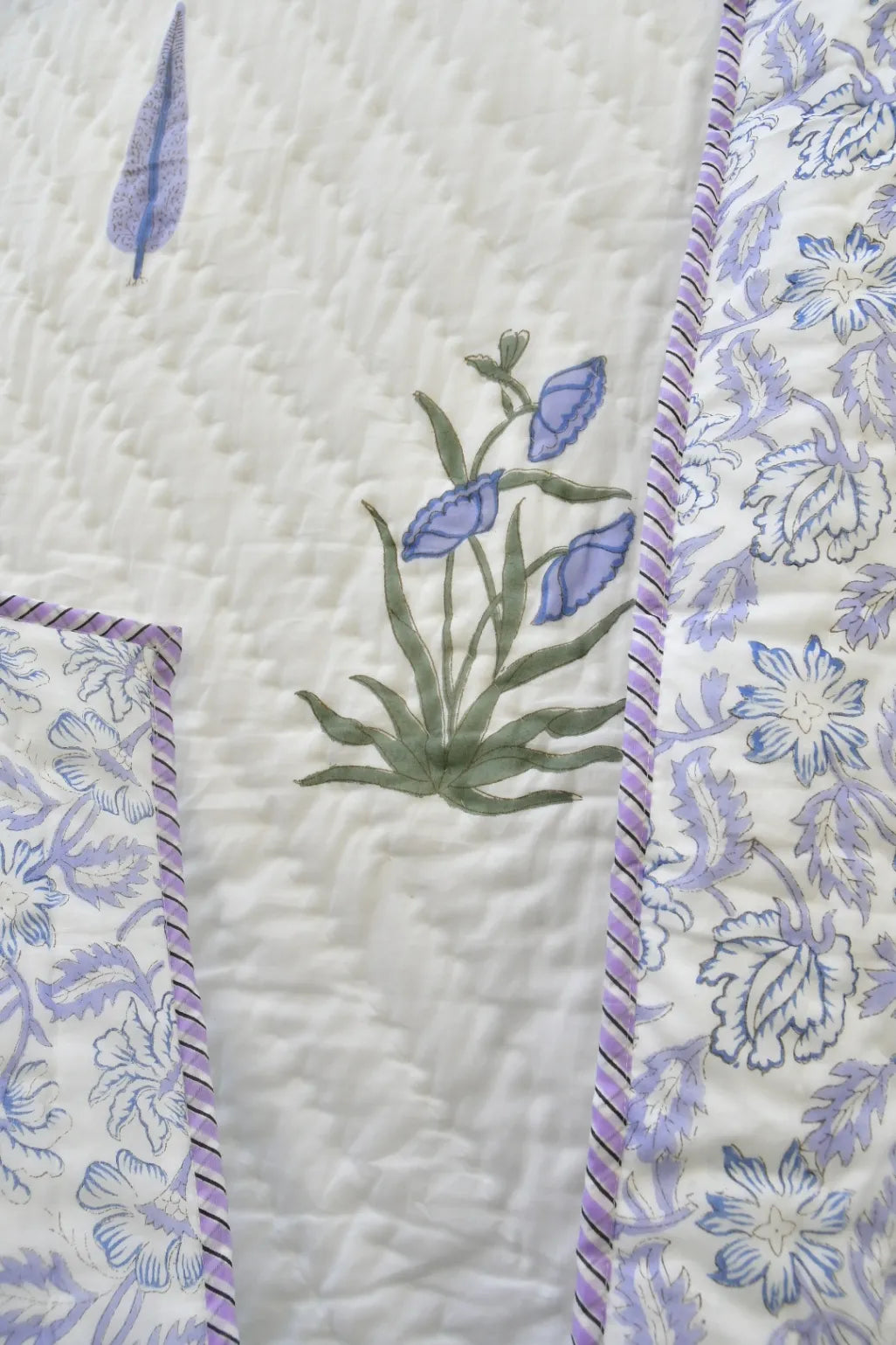 Close-up of a quilt with floral patterns and embroidered designs.