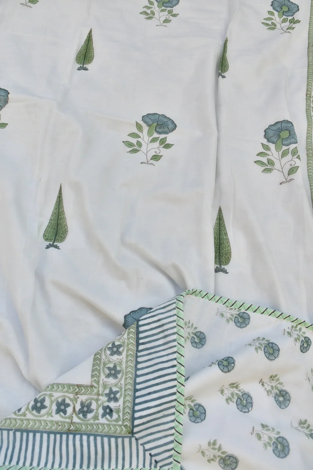 White and  Green Jaipuri Dohar with green floral patterns and striped border