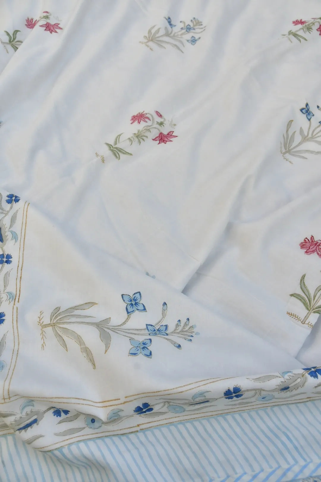 Embroidered Dohar with floral and butterfly designs on a white background