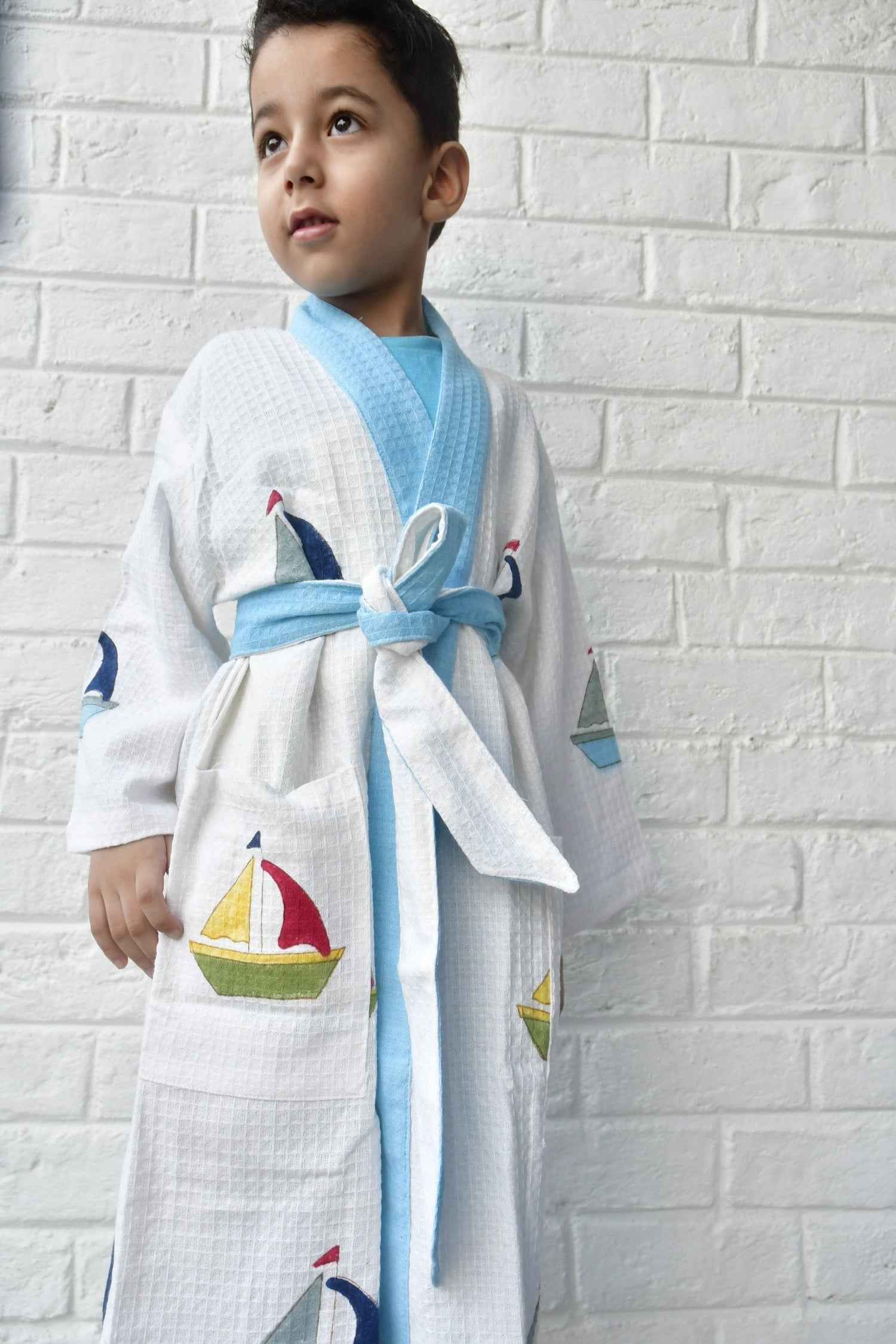 Kids HandBlock Premium Waffle Cotton Bathrobe Boat Pattern