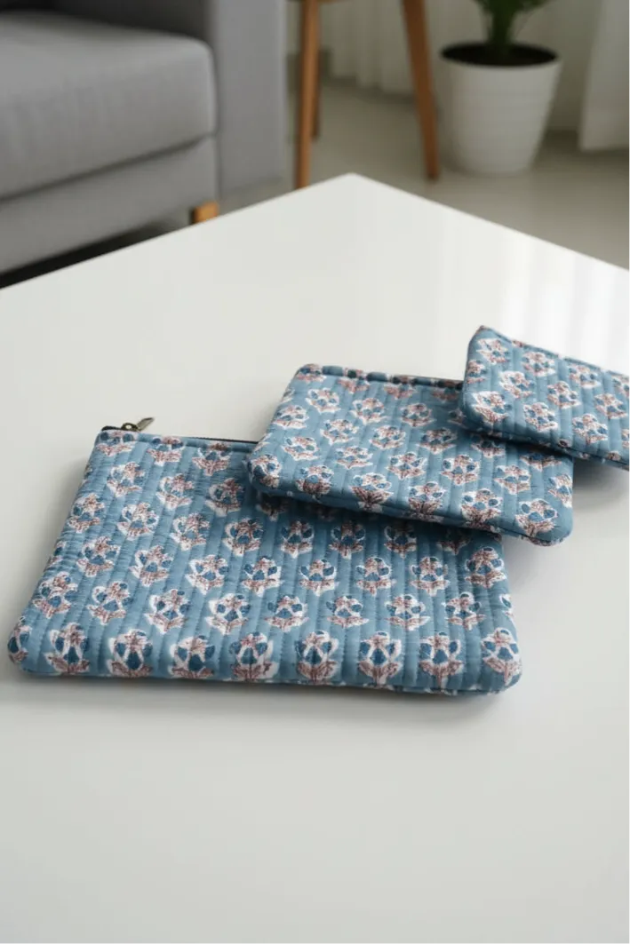 Set of blue floral-patterned pouches on a white surface with a blurred background