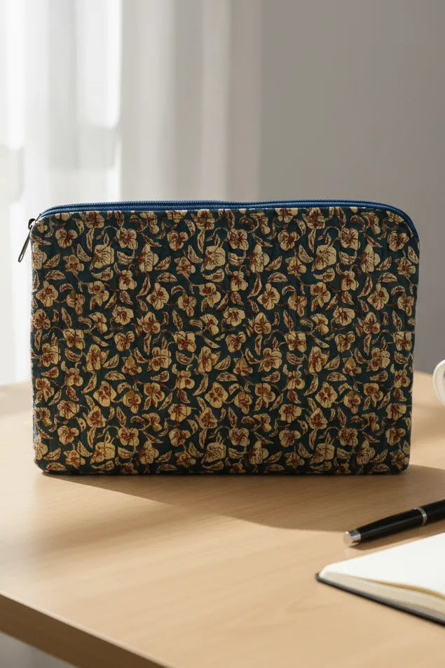 Floral-patterned laptop sleeve on a wooden surface with a pen and notebook in the background