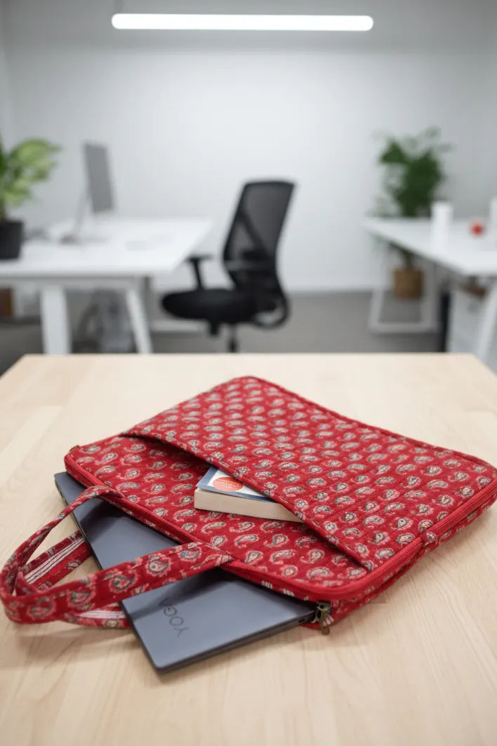 Red patterned pouch with electronic devices on a wooden surface in an office setting
