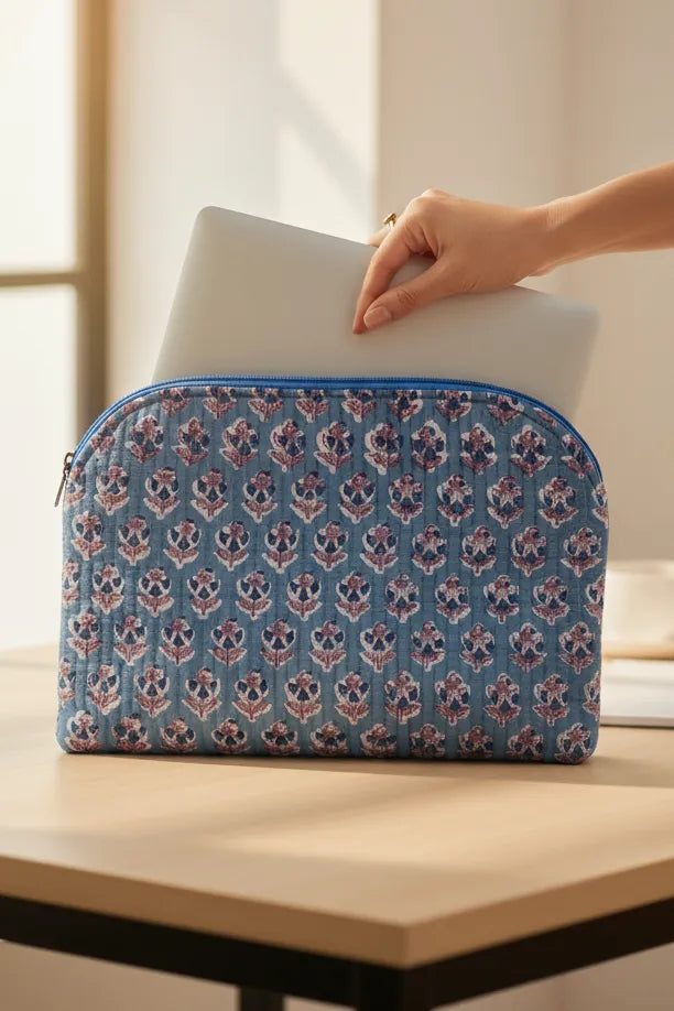 Blue floral patterned pouch on a wooden surface with a hand holding a white laptop.