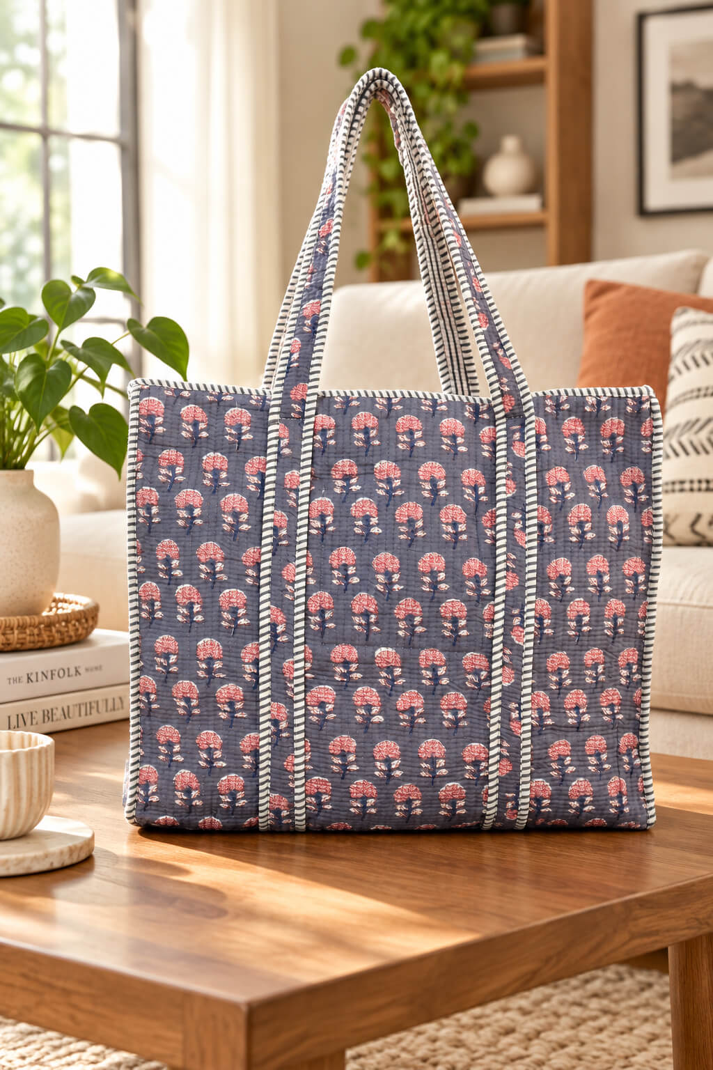 A large woven tote bag with a navy blue base, pink floral block print, and cream striped handles, displayed on a wooden coffee table in a cozy living room setting.